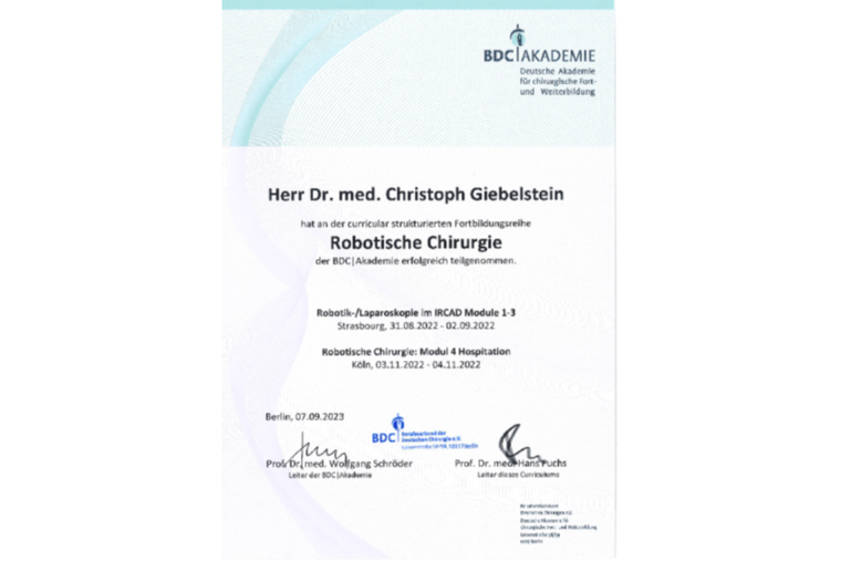 Zertifikat Robotik Dr. Christoph Giebelstein